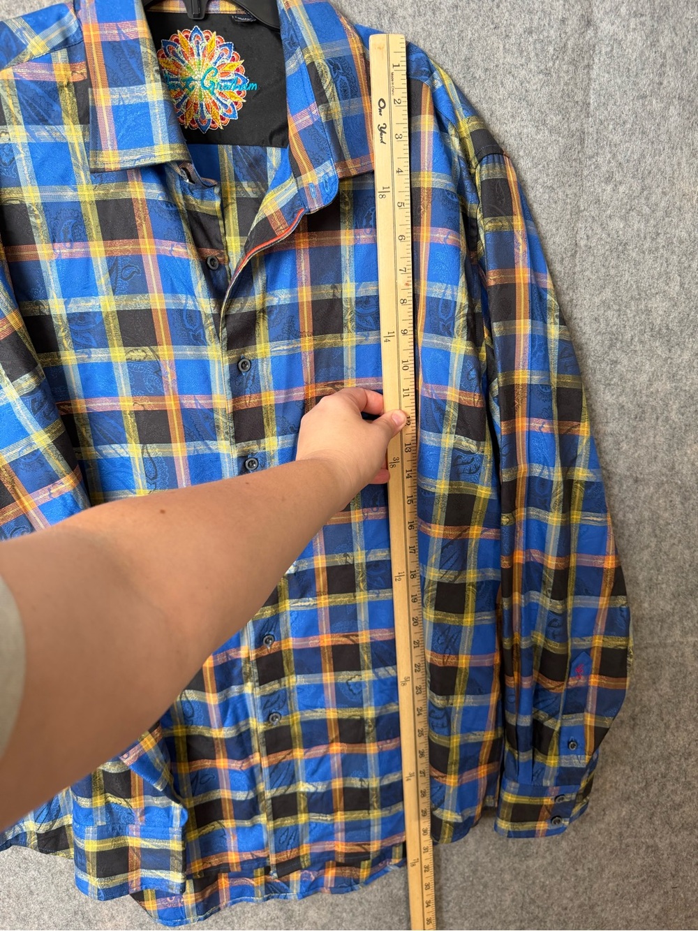 Robert Graham Men 2XL long-sleeve buttondown shirt blue and yellow plaid pattern - Picture 6 of 9
